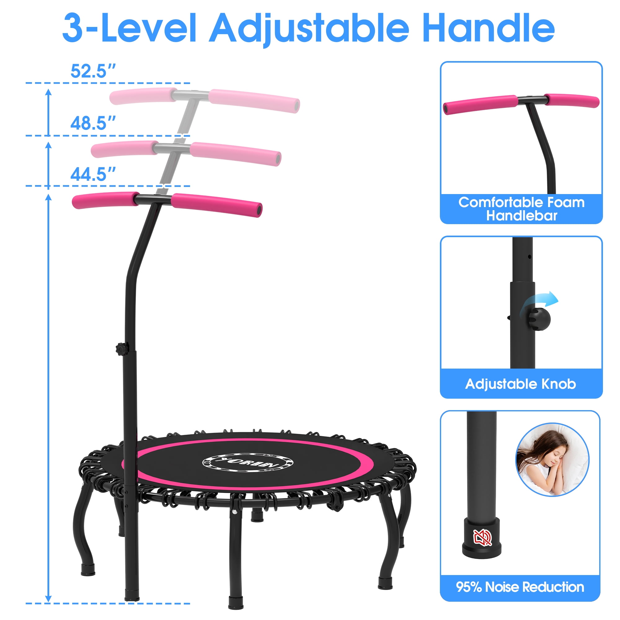 YORIN Rebounder Foldable Trampoline for Adults, 330LBS Fitness Indoor Trampoline, 48" 40" 50" Mini Exercise Trampoline with Bungees, 3 Level Adjustable Foam Handle Bar, Stable Quiet Small Trampoline