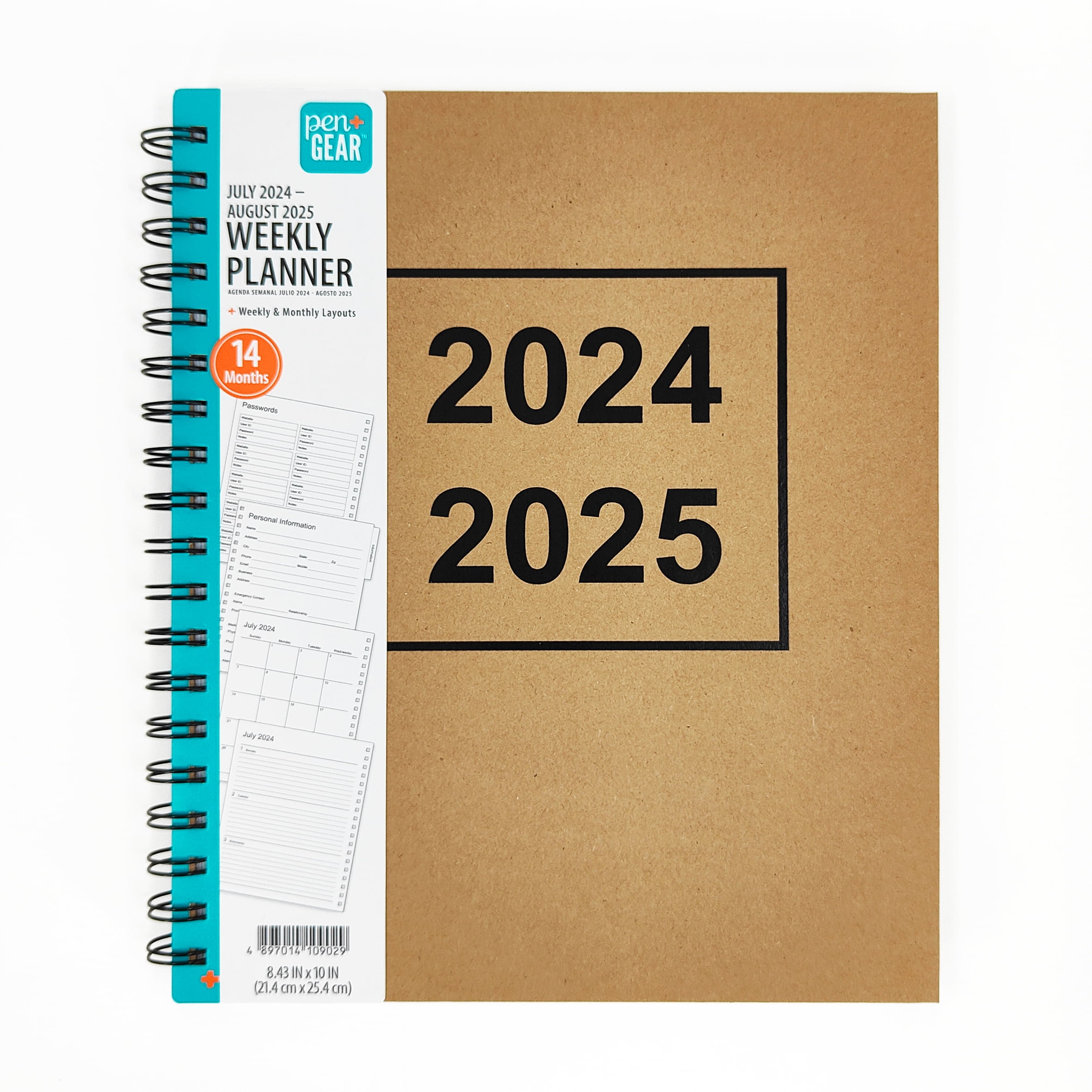 Pen+Gear 14-Month Weekly Planner, July 2024 - August 2025, Brown, 8.43 in x 10 in