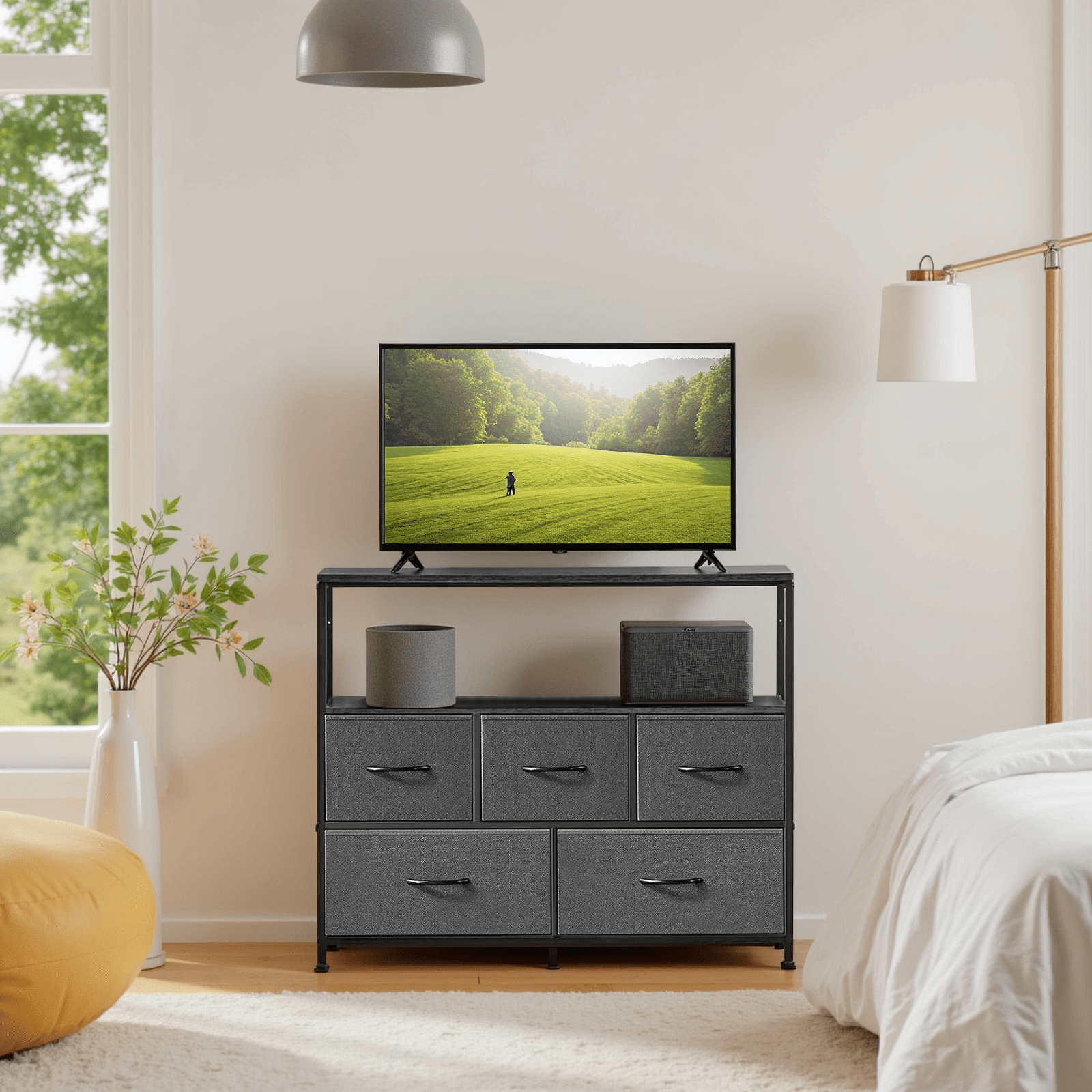 TINKLE WELL Storage dresser TV stand with 5 Fabric Drawers and Wood Open Shelf, Media Console Organizer for 45'' TV, Ideal for Living Room, Bedroom, or Apt, Gray