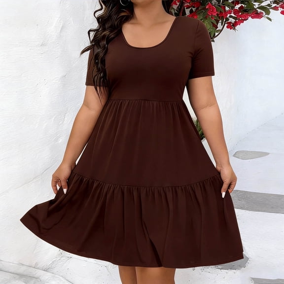 Ovbmpzd Womens Summer Dresses Brown Plus Size Solid Flowy Loose Mini Crew Neck Dresses Womens Dresses,XXXXL
