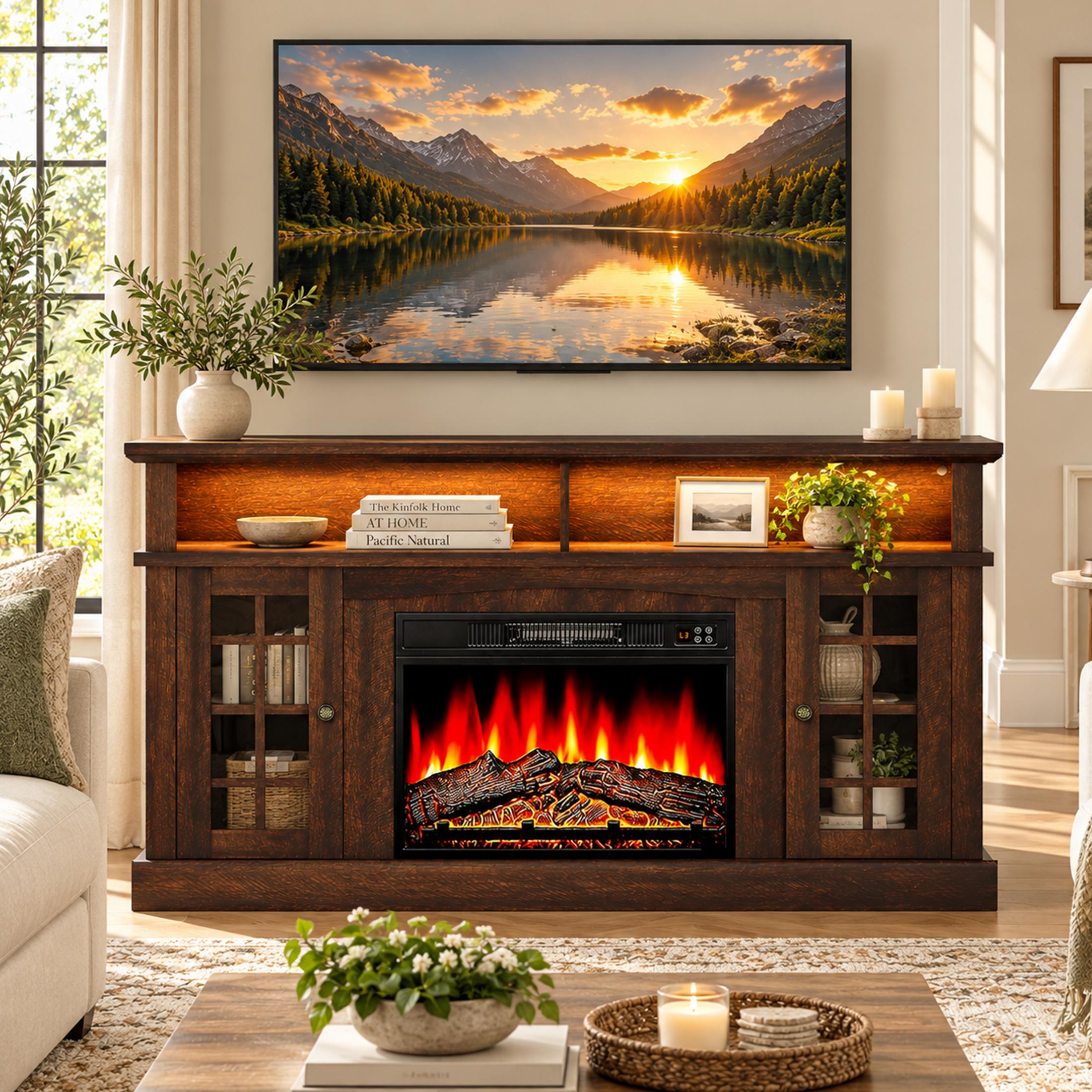 Sesslife Fireplace TV Stand for 65", Brown Farmhouse photo 2