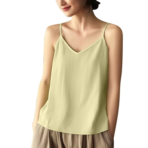 Ohufall Women's Spaghetti Strap Tank Tops Cotton Linen Lightweight Loose Cami Tops Solid Ultra-soft Summer Tanks