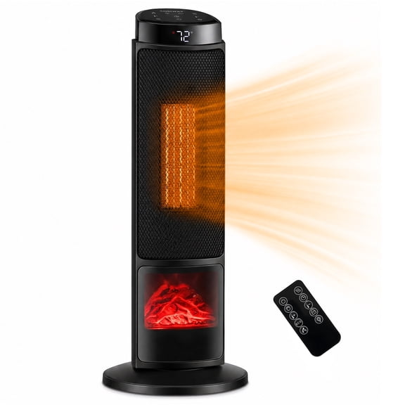 Costway 24" 1500W PTC Ceramic Tower Space Heater with 7-Color Flame, Adjustable Thermostat Black