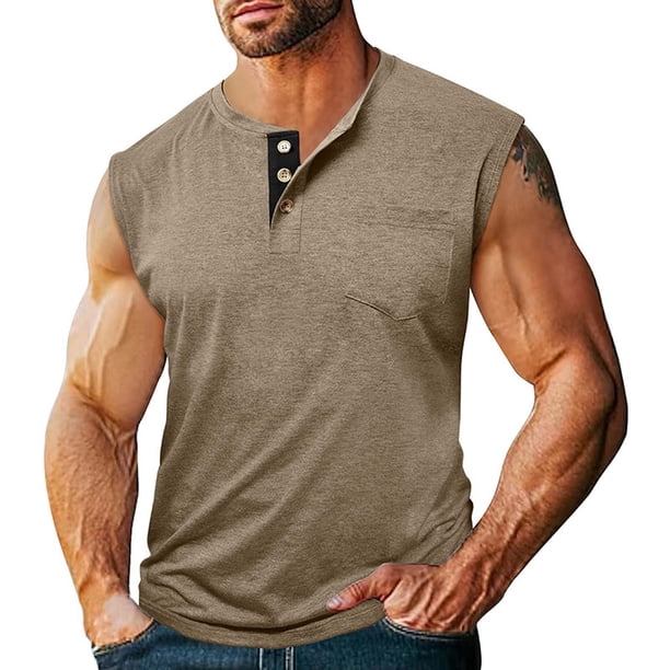 pstuiky Camisetas sin mangas para hombre, Camiseta sin mangas con cuello redondo, sin mangas, con bolsillos y botones, versátil, de color liso, a la moda para hombre Tops elegantes para mujer s