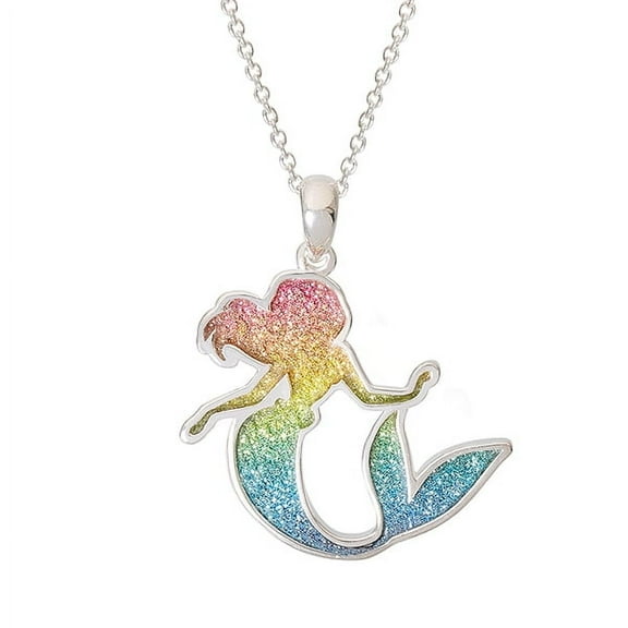 Disney Jewelry for Women, Princess Ariel Rainbow Glitter Pendant Necklace, Silver Plated, 18?