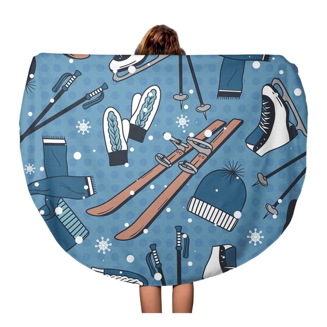 NUDECOR 60 inch Round Beach Towel Blanket Blue Winter Fun and Symbols Colorful Overlapping Activity Accessories Travel Circle Circular Towels Mat Tapestry Beach Throw