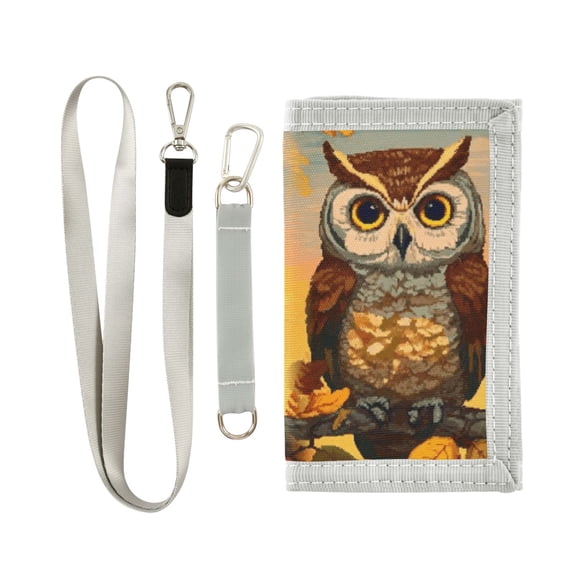 JIALIOU Nylon Trifold Card Wallet with ID Window Zipper Pocket for Men Women Teen Cute Owl with Autumn Leaves