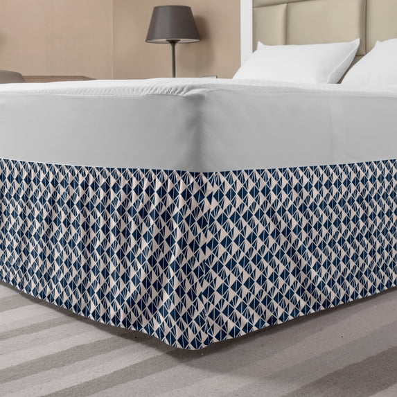 Geometric Bed Skirt, Abstract Illustration Along Monochrome Triangles in Different Size, Elastic Bedskirt Dust Ruffle Wrap Around for Bedding Decor, 4 Sizes, Champagne and Night Blue, by Ambesonne