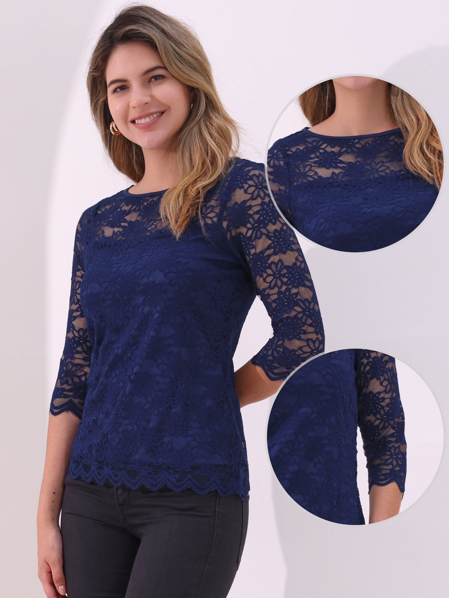 DARING DIVA Women's 3/4 Sleeve Crew Neck Floral Lace Tops L Dark Blue