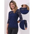 thumbnail image 2 of DARING DIVA Women's 3/4 Sleeve Crew Neck Floral Lace Tops L Dark Blue, 2 of 6