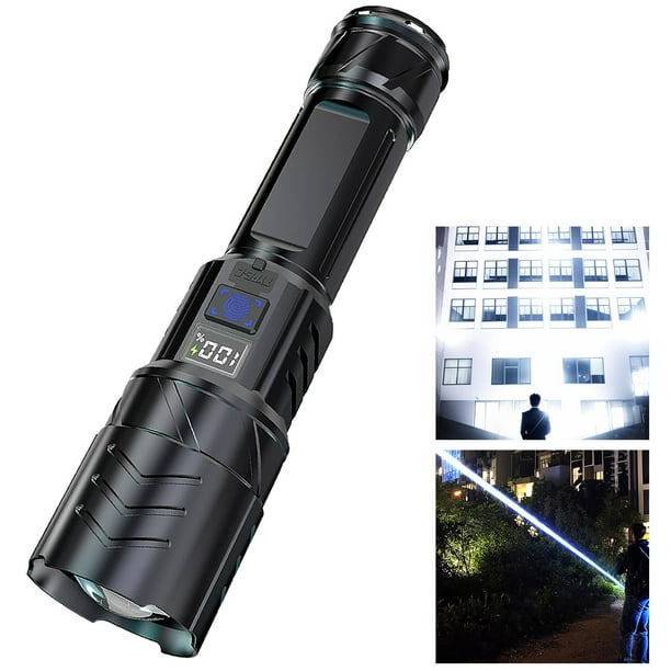 Potente linterna LED | USB recargable | Brillo máximo de 35 W | Batería de litio de larga duración | Pantalla digital | Resistente al agua IP45 | 3 modos | 180x46x35mm | Alumbrado de emergencia