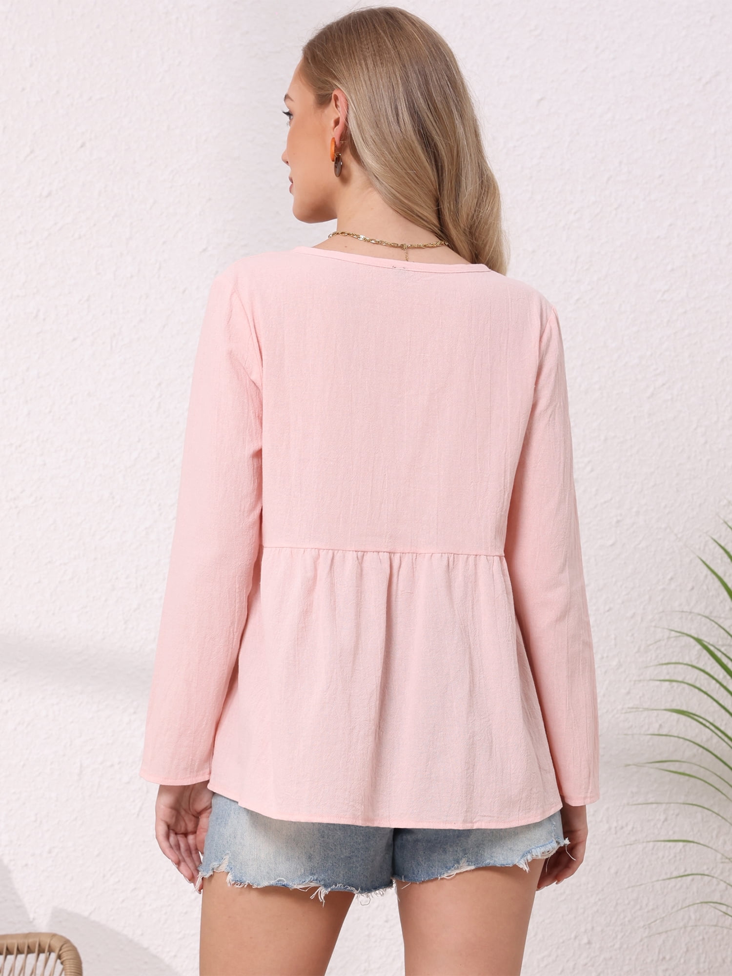 DARING DIVA Women's Button Down Blouse Long Sleeve V Neck Lightweight Top M Pink