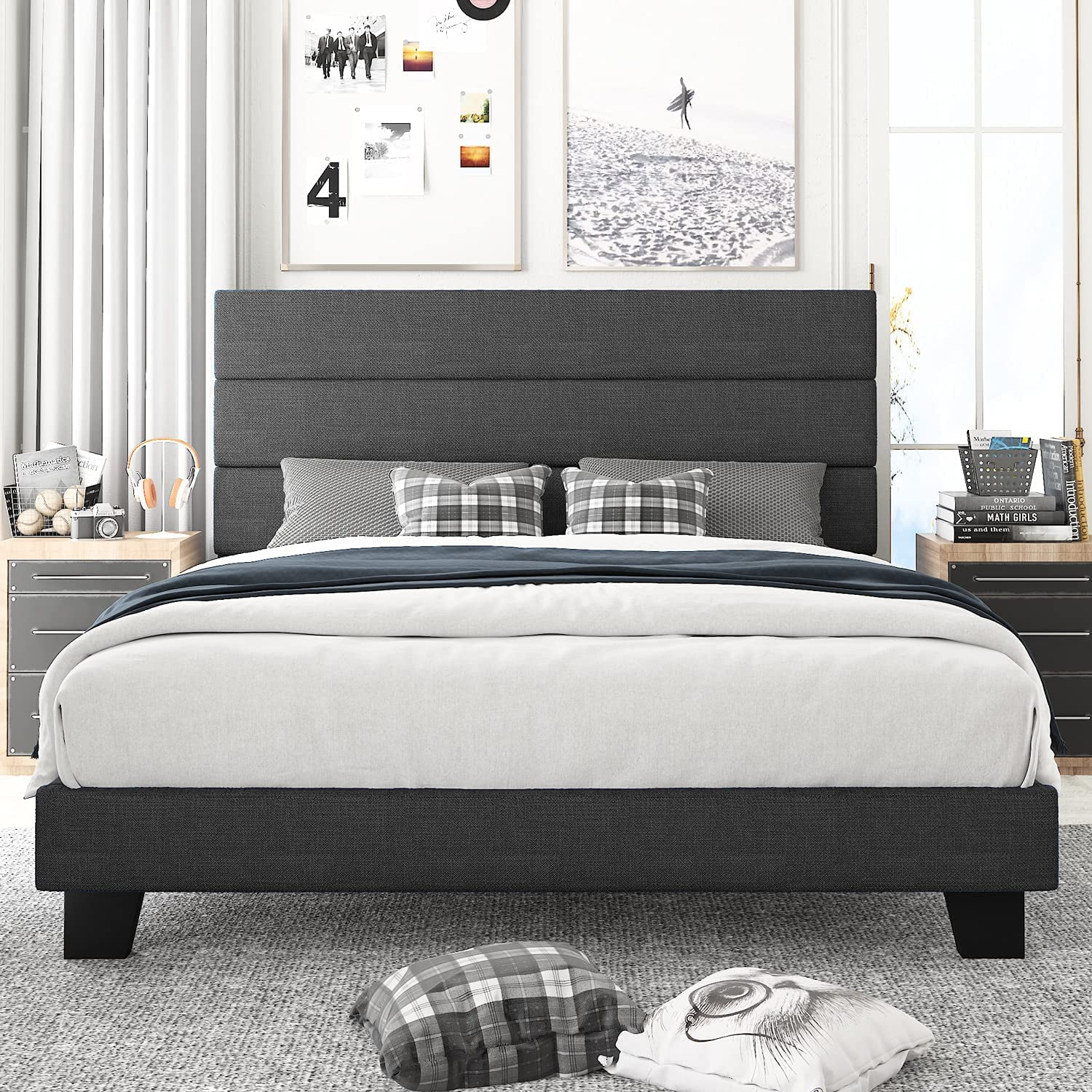 Fabric Upholstered Platform Bed Frame, Queen Size Bed With Cushioned Headboard