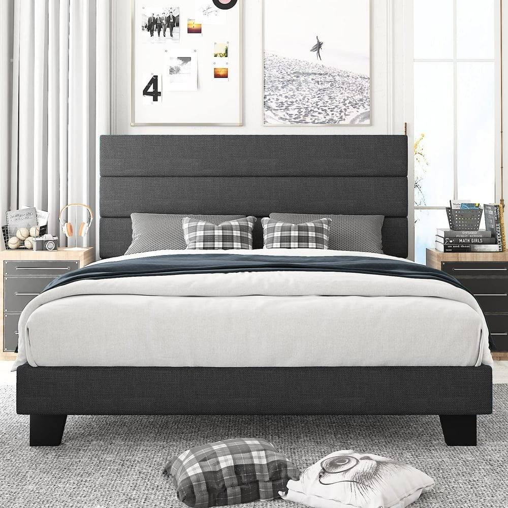 Amolife Full Size Fabric Upholstered Platform Bed Frame with Headboard