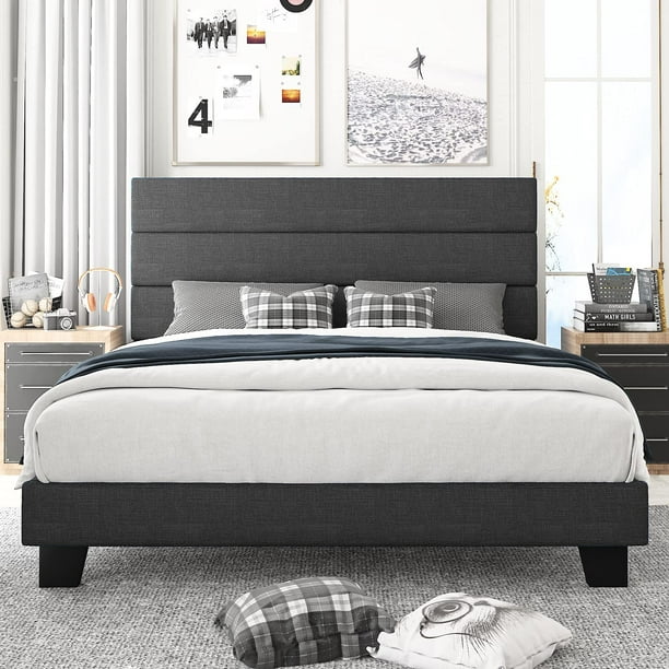 Fabric Upholstered Platform Bed Frame, Dark Grey Headboard Queen Bed