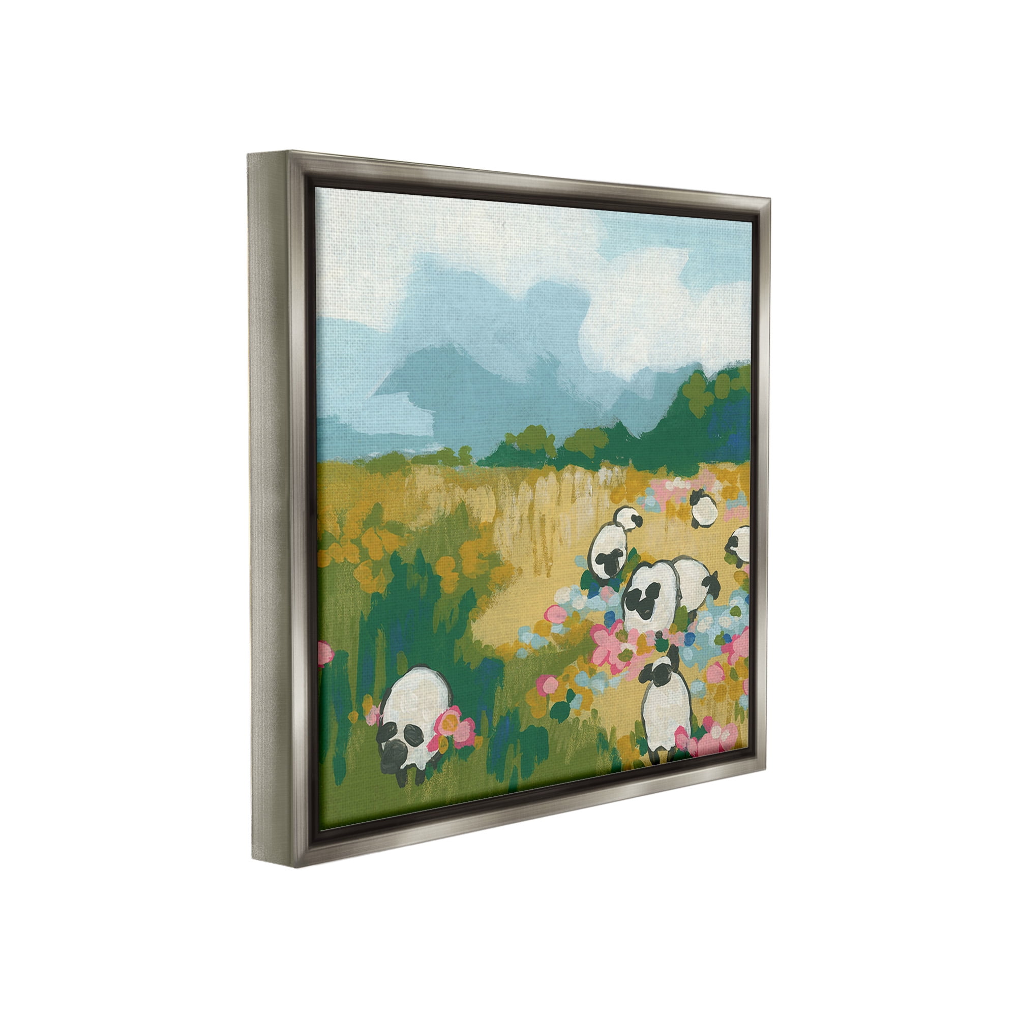 Stupell Industries Abstract Sheep & Flowers Landscape Painting Gray Floater Framed Canvas Art Print Wall Art, 18 x 18