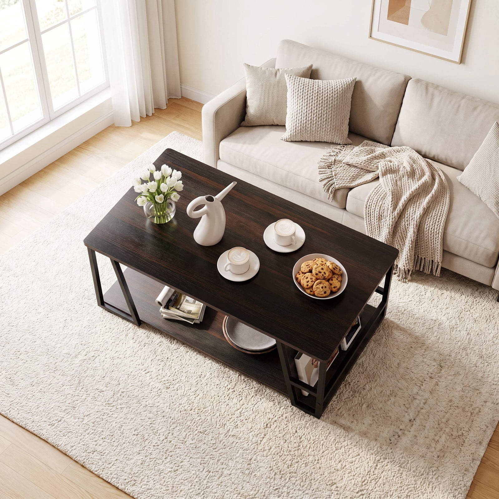 Furnibear Rectangle Industrial Coffee Table 2 Tier Accent Table with Storage Shelf and Side Compartment for Living Room, Brown