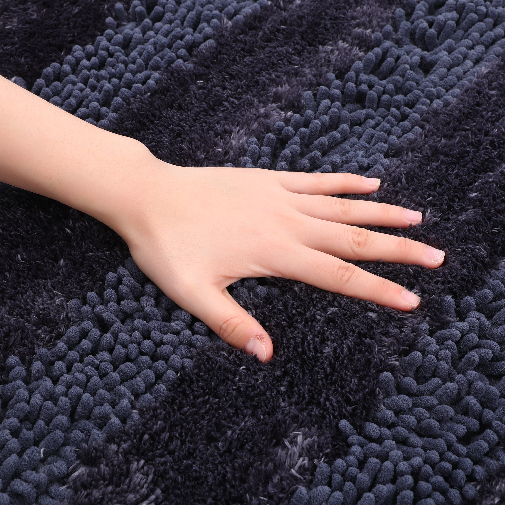 Unique Bargains Striped Bathroom Mat Soft Fluffy Chenille Baths Rugs Dark Blue 20" x 32"