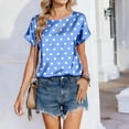 thumbnail image 4 of OIOLOYJM Short Sleeve Tops for Women Polka Dot Satin Casual Shirts Summer Crewneck Loose Fit Pullover Vacation Business T Shirts Blue L, 4 of 6