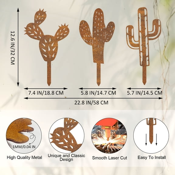[2D Flat] Set of Three Iron Cactus Garden Stakes, Durable Metal Yard Art, Handcrafted Outdoor Decor, Ideal for Front Yard Decor, Southwestern Decor, Yard Decorations Outdoor