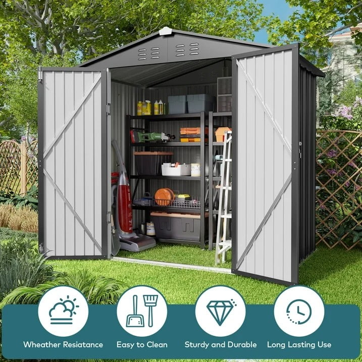 Jolifa 8x6 ft Outdoor Storage Shed, Heavy Duty Galvanized Steel Tool Shed with Lockable Double Doors, Waterproof Metal Garden Shed for Backyard, All Weather Shed for Lawn Equipment & Bike Storage