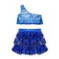 thumbnail image 5 of Kids Girls 2 Piece Dance Outfits Sets Sequin One Shoulder Crop Top with Skirt Jazz Latin Ballroom Costume Blue 10-11Years, 5 of 5