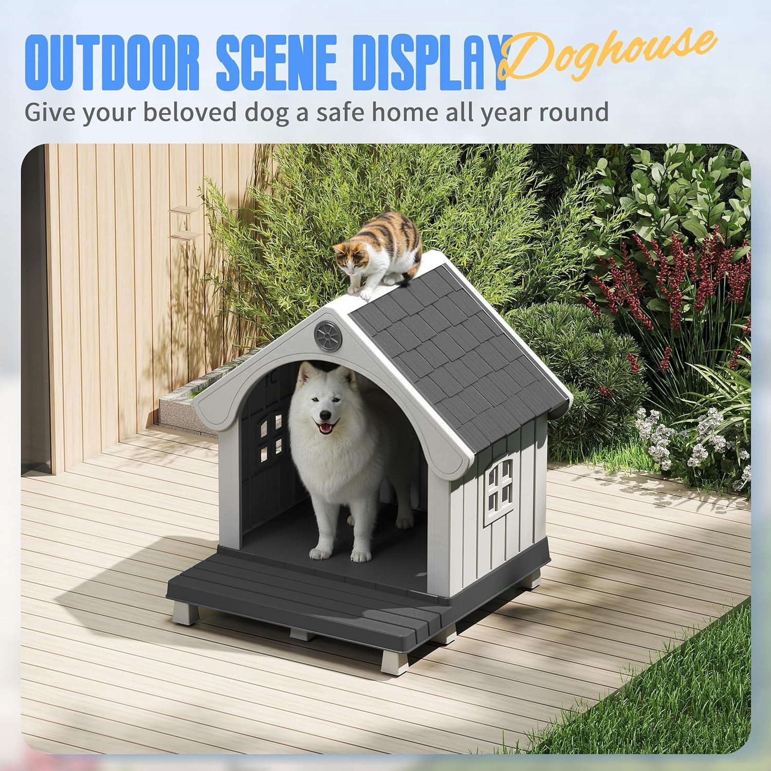 ZUCONKITCH Indoor/Outdoor Elevated Dog House with Porch, Weather-Resistant Pet Shelter with Sloped Roof & Ventilation, Durable Dog Kennel for Medium to Large Dogs