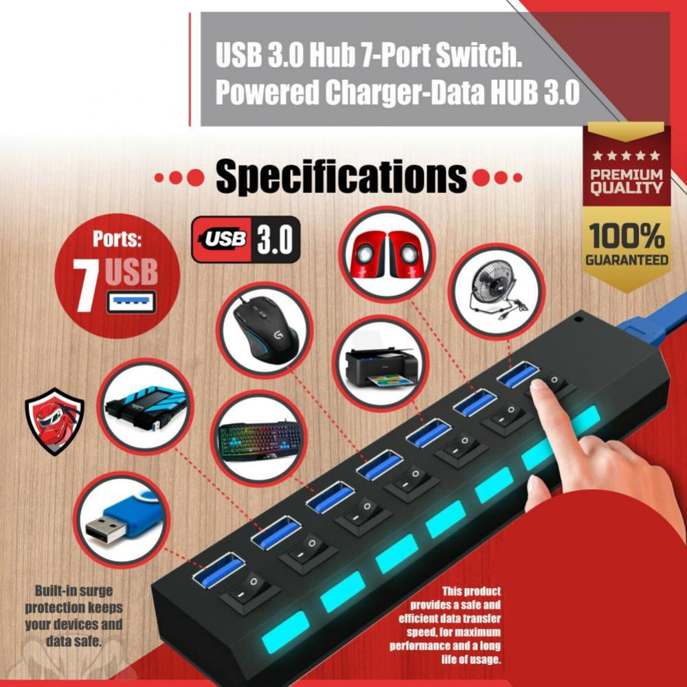 USB Hub 3.0 Splitter, 7-Ports USB Adapter with Individual ON/Off Switches and LEDs, Multi-Port USB Data Hub for PC, Mac, Laptop, Surface, and More