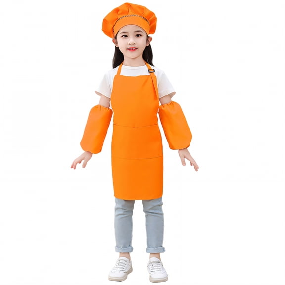AUQ Kids Apron,Polyester Fiber Cloth Toddler Apron,Adjustable Shoulder Strap Waterproof Apron,Orange