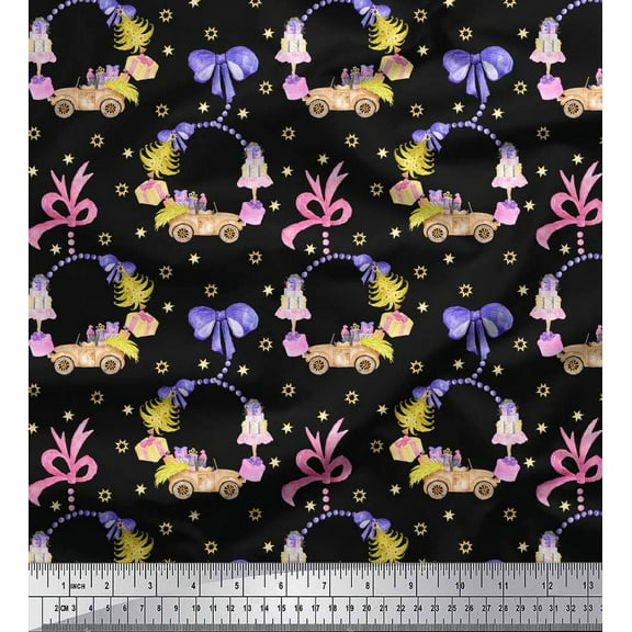Soimoi Black Cotton Voile Fabric Christmas Tree,Girl & Gift Box Party Print Fabric by the Yard 42 Inch Wide