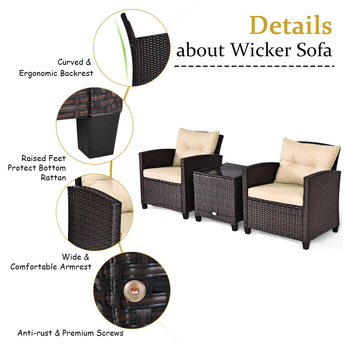 Costway 3PCS Patio Rattan Furniture Set Cushioned Conversation Set Sofa Coffee Table Beige