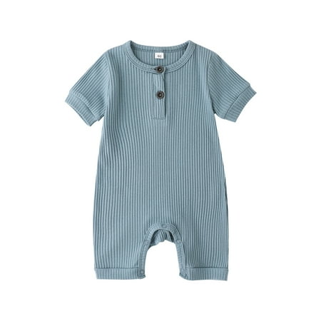 

KZKR Newborn Baby Solid Ribbed Romper Unisex Infants Boy Girl Short Sleeve Button Onesie Jumpsuit One Piece Cotton O Neck Bodysuit