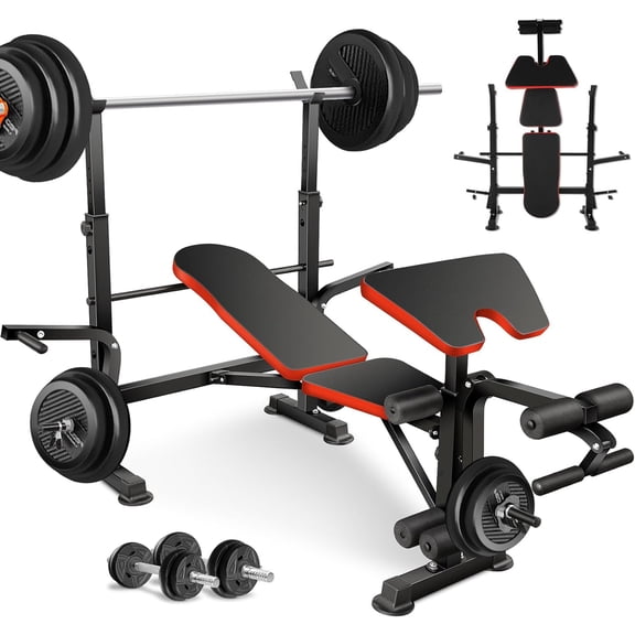600lbs Adjustable Olympic Weight Bench Set with Squat Rack Foldable Workout Bench Press Set with Preacher Curl & Leg Developer for Full-Body Workout