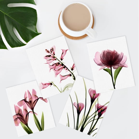 PixonSign Wall Art X-Ray Pink Botanical Floral Flower Adhesive Canvas Posters Prints, Set of 4 Rustic Wildflowers Paintings, Country/Farmhouse Minimalism for Home Decor - 11"x14"