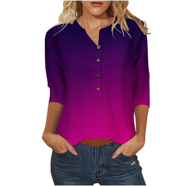 Hauts d'Été pour Femmes Col Rond Imprimé Boutons Manches 3/4 T-Shirts Décontractés Coupe Ample Blouses de Sortie