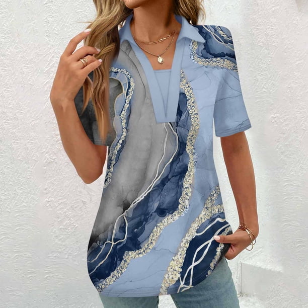 Fiudx Tops para Mujer Blusas Estampadas de Moda para Mujer, Camiseta de Manga Corta, Top con Cuello Vuelto