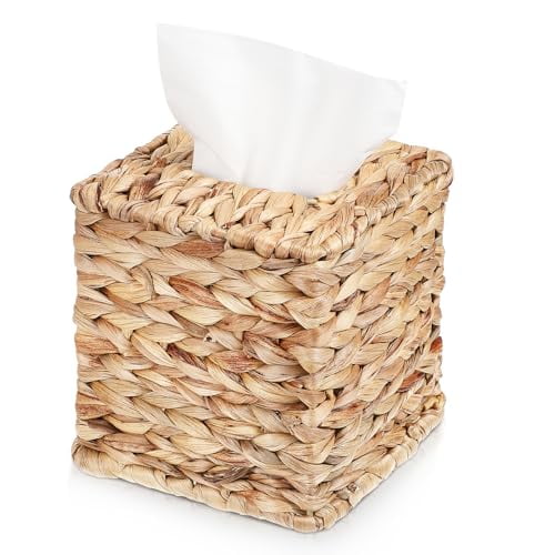 Water Hyacinth Handwoven Tissue Box Cover Rattan Wicker Tissue Box Holder Facial Tissues Case Boho Decorative Woven Organizer Dispenser for Bathroom Bathroom Living Room Kitchen Office Table Desk