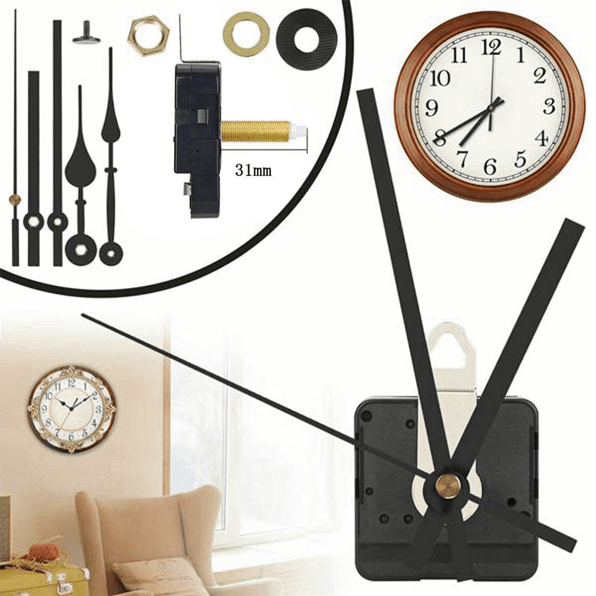 15Pcs Long Shaft Quartz Clock Movement Mechanism with 15 Pairs Hands and Numerals Kit DIY Clock Parts Replacement 31mm