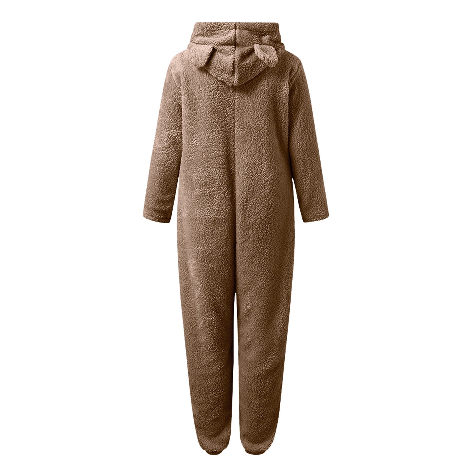 QATAINLAV Sherpa Fleece Jumpsuit for Women Winter Warm Fuzzy Onesie Pajamas Cute Cat Hooded Romper Casual Zip Up Overalls Sleepwear Back Packs Sales for School Khaki 3XL