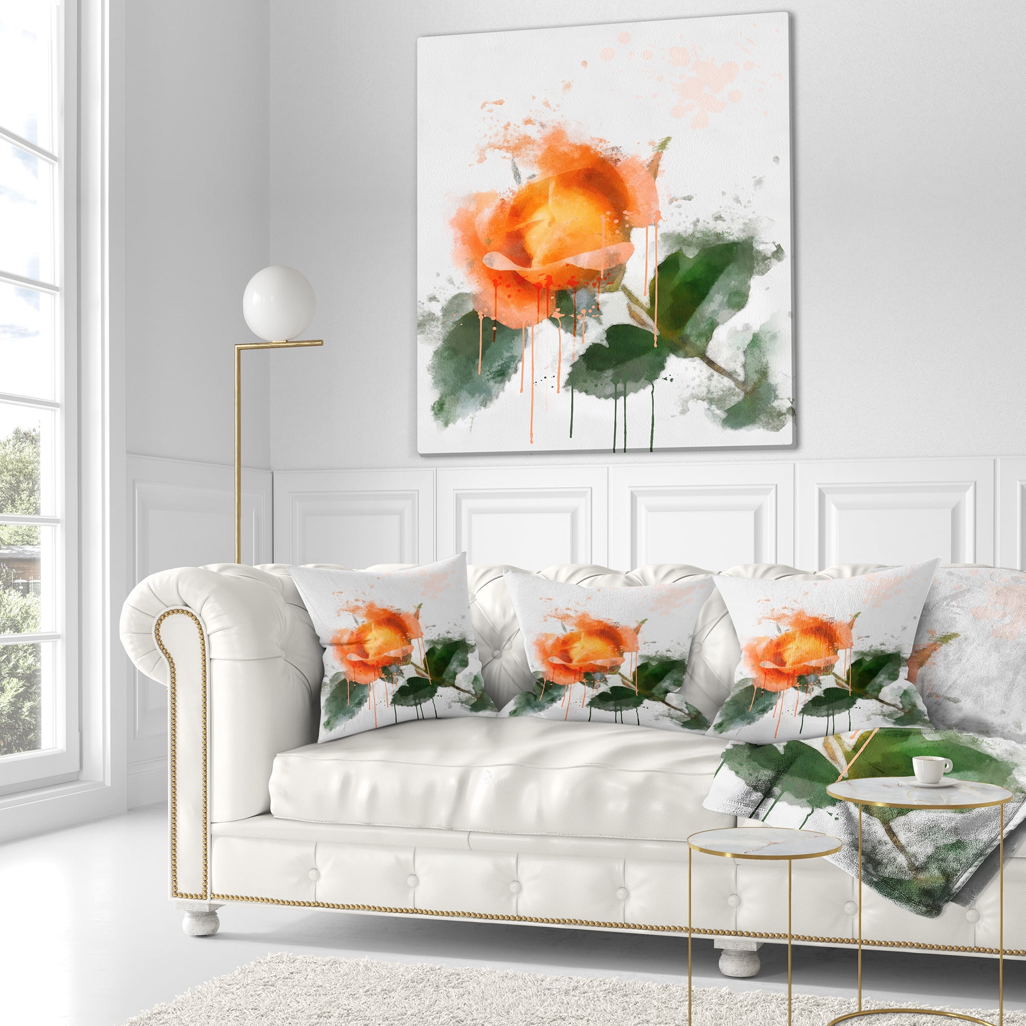 Designart Orange Rose Sketch Watercolor - Floral Throw Pillow - 18x18