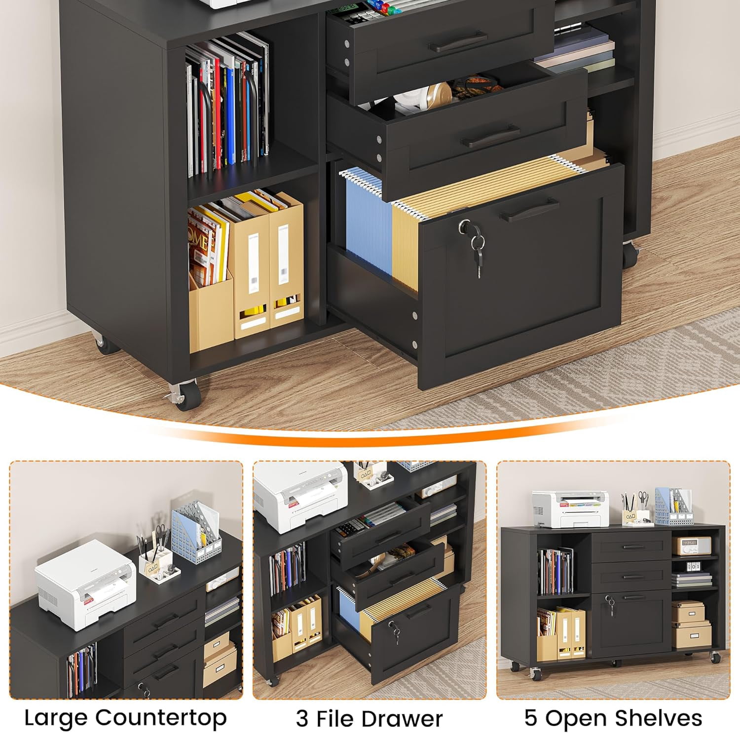 Semoic 3 Drawer Wood Lateral File Cabinet with Lock, Rolling Mobile Filing Cabinet with Open Storage Shelves, Printer Stand Office Storage Cabinet for Home Office Fits Files Legal/A4 Size, Black