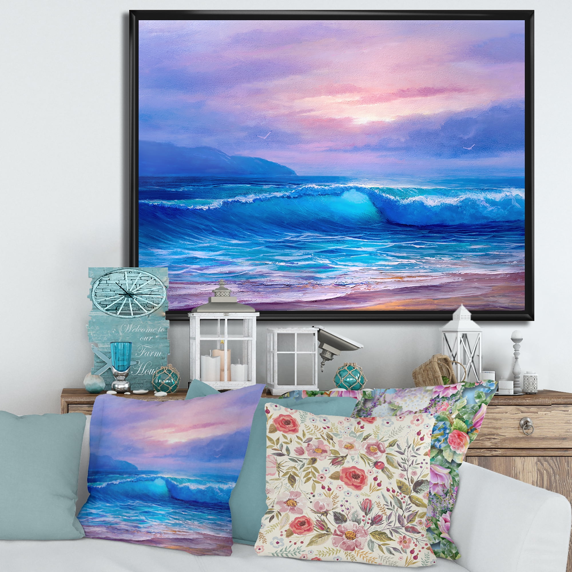 Designart 'The Sea By The Beach With Golden Sunset' Nautical & Coastal Framed Canvas Wall Art Print