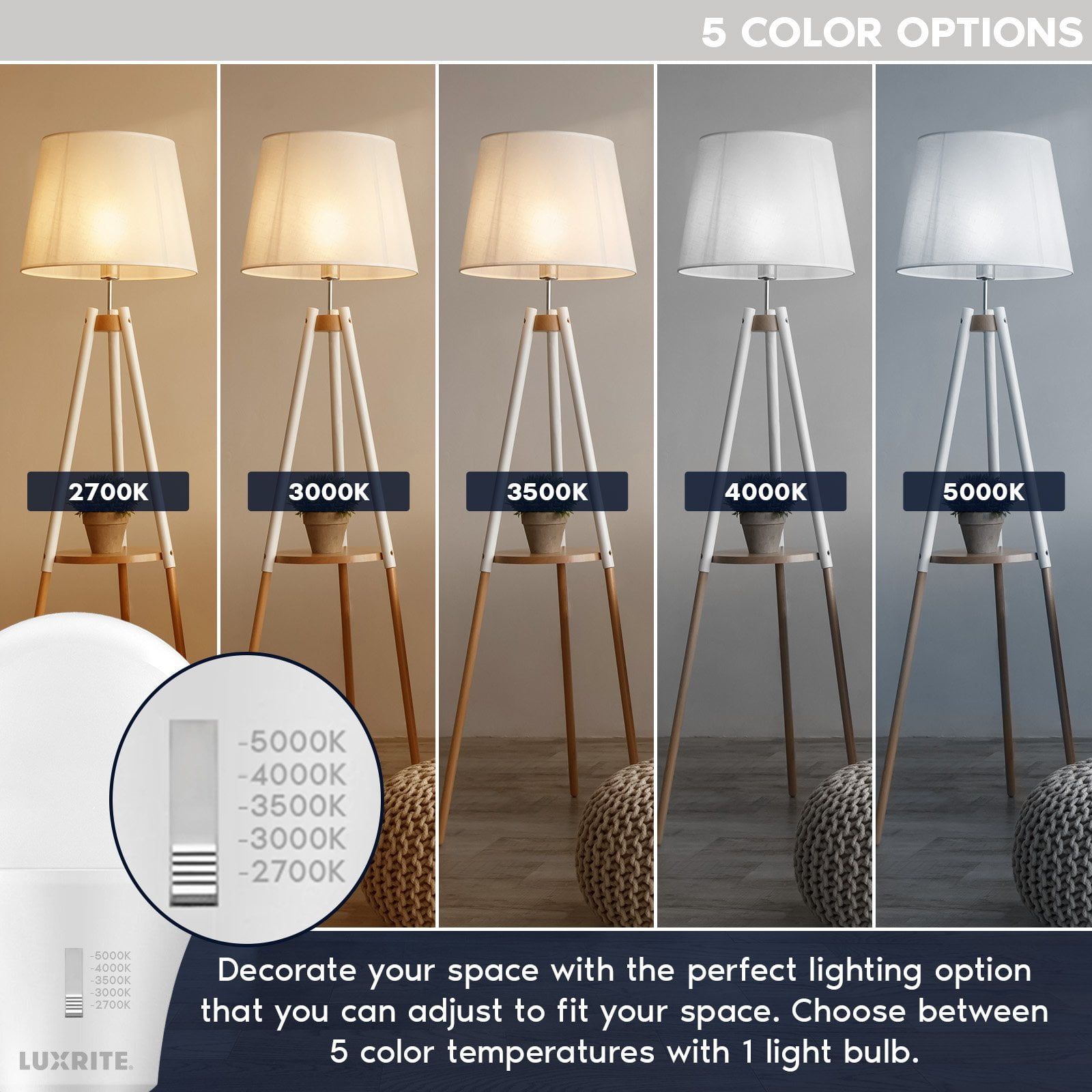 Luxrite A19 LED Light Bulb 75 Watt Equivalent CRI90 5CCT Dimmable 1100LM 11W E26 ETL 6 Pack