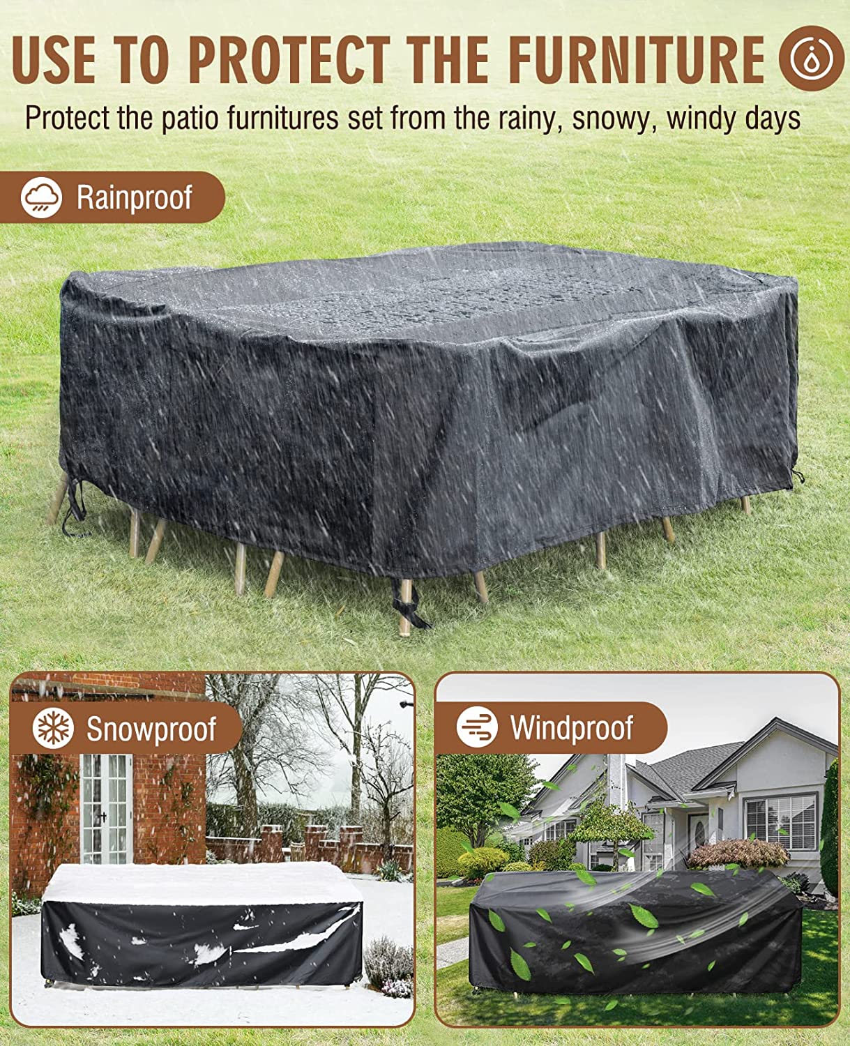 DINOSAM PATIO FURNITURE COVERS WATERPROOF, OUTDOOR FURNITURE SET FOR WINTER, DURABLE OUTDOOR FURNITURE COVERS WITH 4 WINDPROOF BUCKLES,BLACK PATIO TABLE COVER FITS
