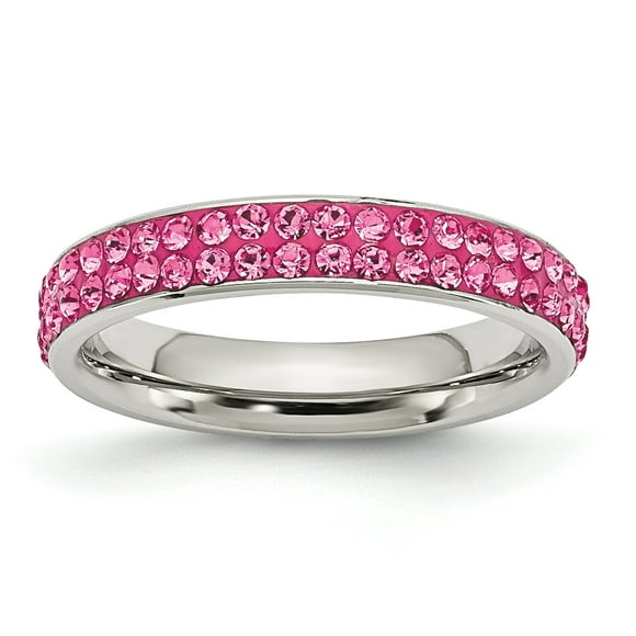 Stainless Steel 4mm Polished Pink Crystal Ring Size 7