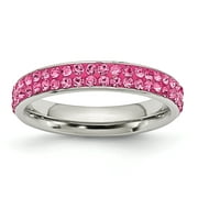 Stainless Steel 4mm Polished Pink Crystal Ring Size 9
