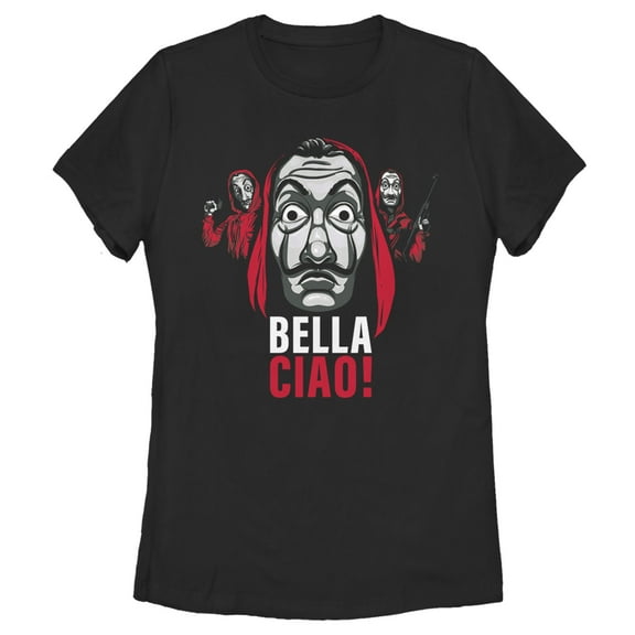 Women's Money Heist Bella Ciao Masked Criminals Graphic Tee Black Medium