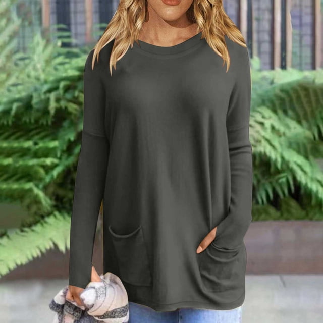 Femmes Manches Longues Tops Femme de Mode Manches Longues Tops Couleur Unie Col Rond Tops avec Poche