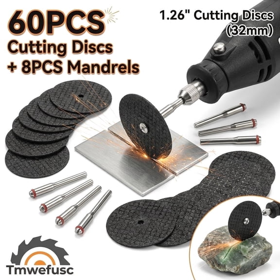 60 Piece Rotary Tool Cut Off Wheels with 8 Mandrels, 1-1/4" Fiberglass Reinforced Resin Cutting Discs, 1/8" Shank Metal Cutting Wheels Set for Die Grinder, Drill, DIY Craft & Rust Removal