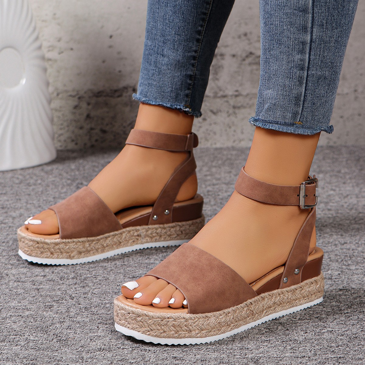 BERANMEY Open Toe Buckle Ankle Strap Espadrilles with Flatform Wedge Sandals For Women - Casual Platform Sandals Women Comfortable - Espadrilles Beach Sandals For Woman